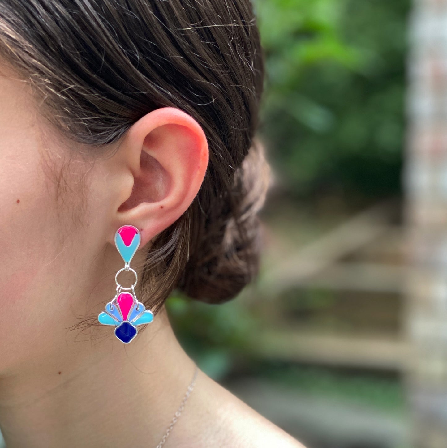 Art Deco Dangle Earrings | Pink and Blue