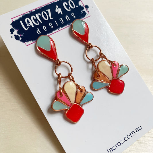 Art Deco Dangle Earrings | Red and Turquoise
