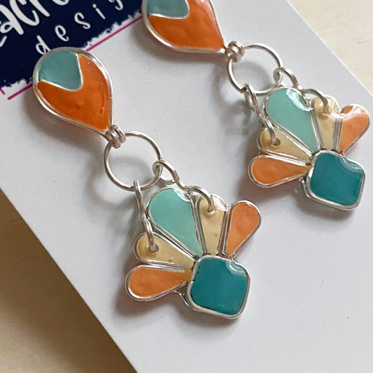 Art Deco Dangle Earrings | Turquoise and Orange Silver