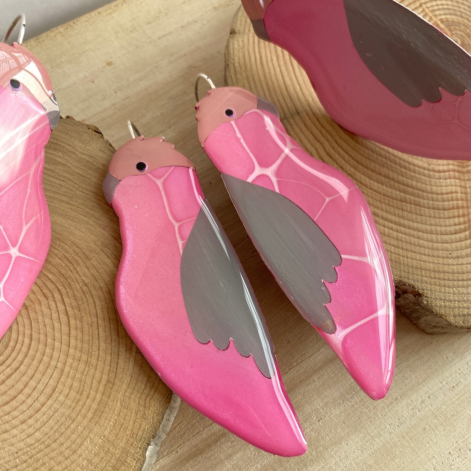 pink and grey galah earrings