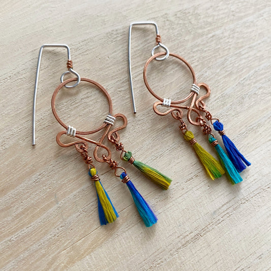 Dream Catcher Earrings | Blue Green Tassel Drop