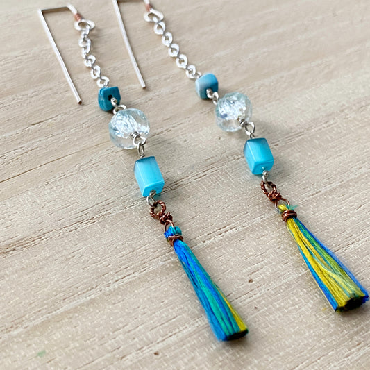 Yasi | Silver Chain Long Blue Tassel Earrings