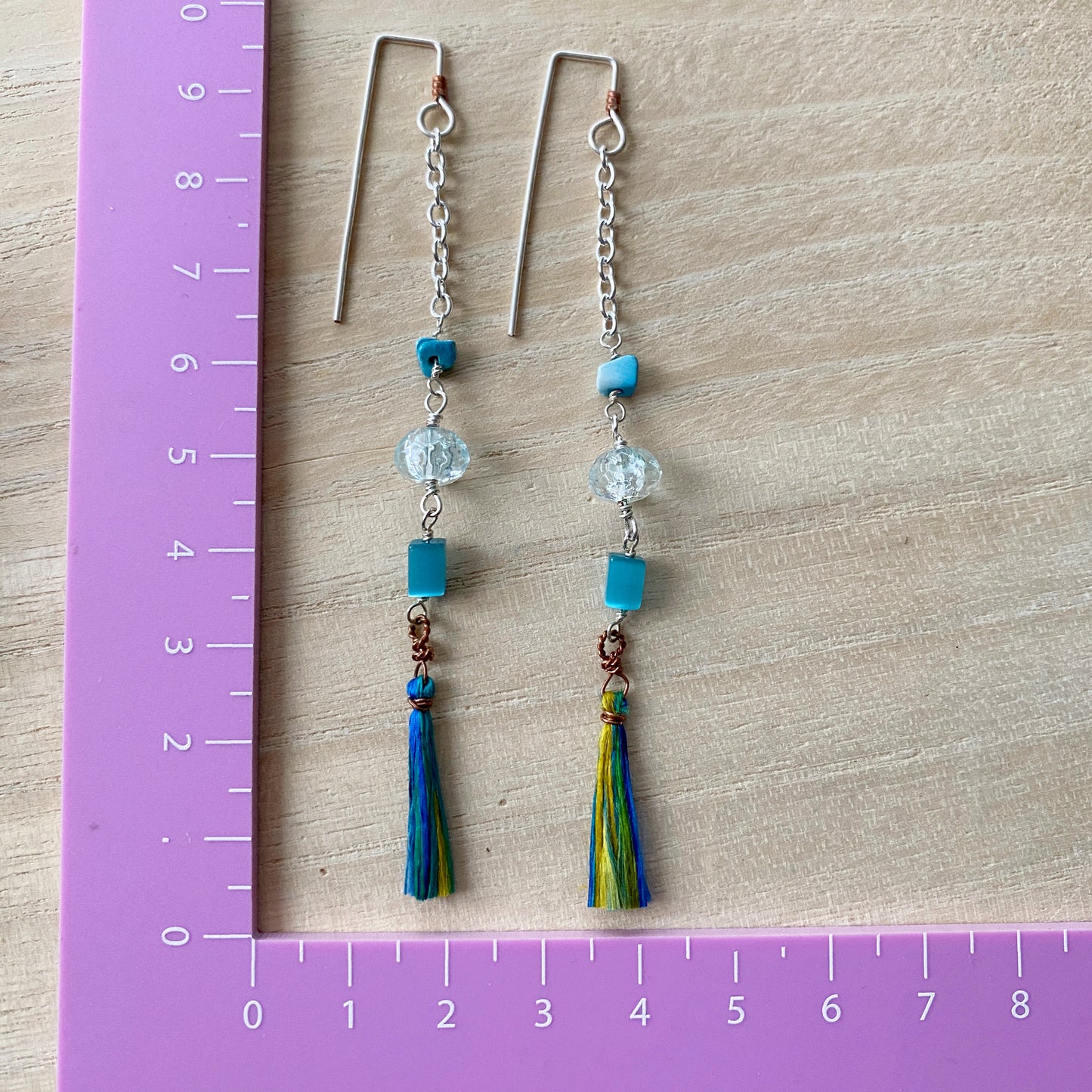 Yasi | Silver Chain Long Blue Tassel Earrings