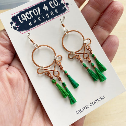 Dream Catcher Earrings | Emerald Green Tassel Drop