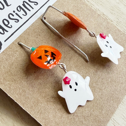 Halloween | Floral Ghost & Pumpkin Earrings (pink)