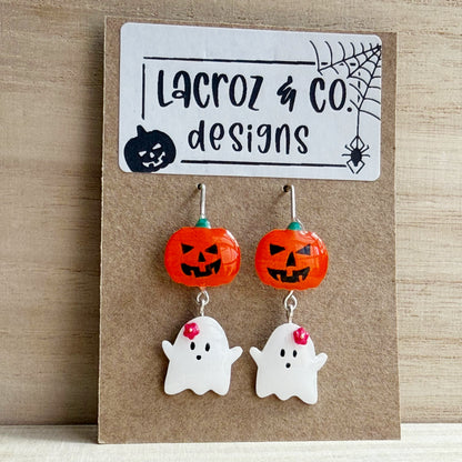 Halloween | Floral Ghost & Pumpkin Earrings (pink)
