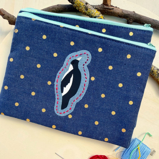 handmade pouch made from blue denim with gold polkadots featuring Australian Magpie bird design with handstitched details