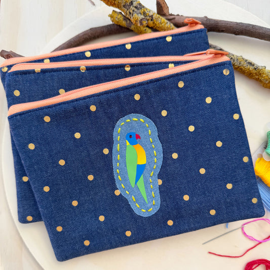 colourful handmade Australian Rainbow Lorikeet bird zip pouch featuring embroidered bird design by Lacroz & Co. Designs