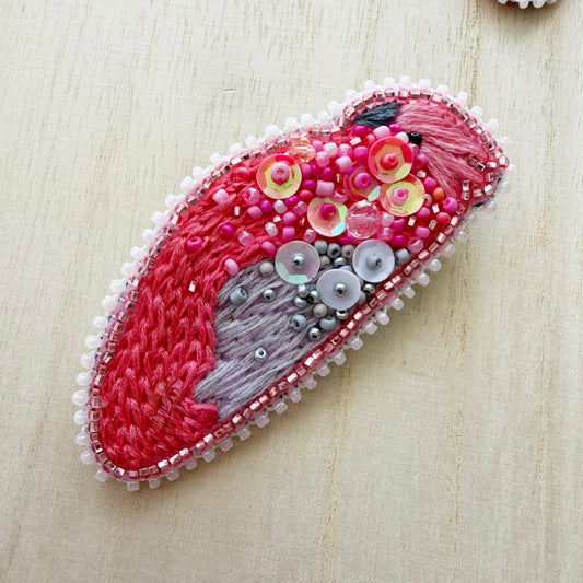 Decorative hand beaded pink and grey galah bird brooch 