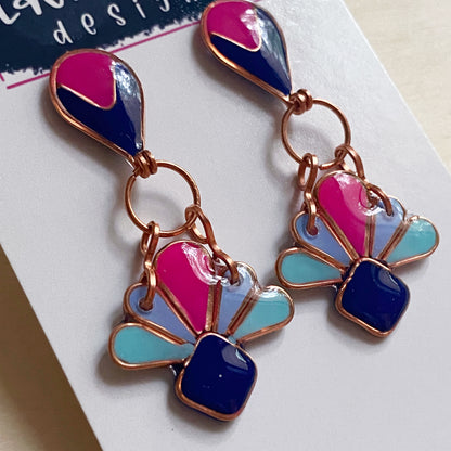 Art Deco Style Earrings | Pink and Blue Copper