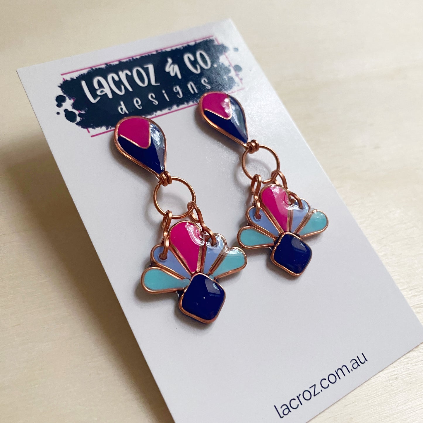 Art Deco Style Earrings | Pink and Blue Copper