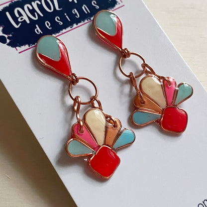 Art Deco Style Earrings | Multicoloured Red and Turquoise Copper