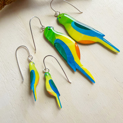 group of handmade australian orange-bellied parrot earrings in mini and larger size