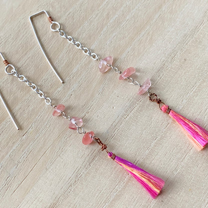 Yasi | Silver Chain Long Pink Tassel Earrings