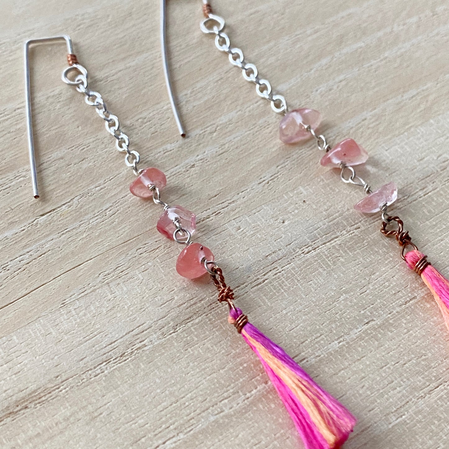 Yasi | Silver Chain Long Pink Tassel Earrings