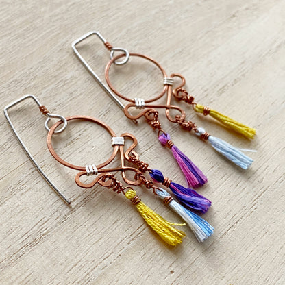 Dream Catcher Earrings | Purple Blue Yellow Tassel Drop