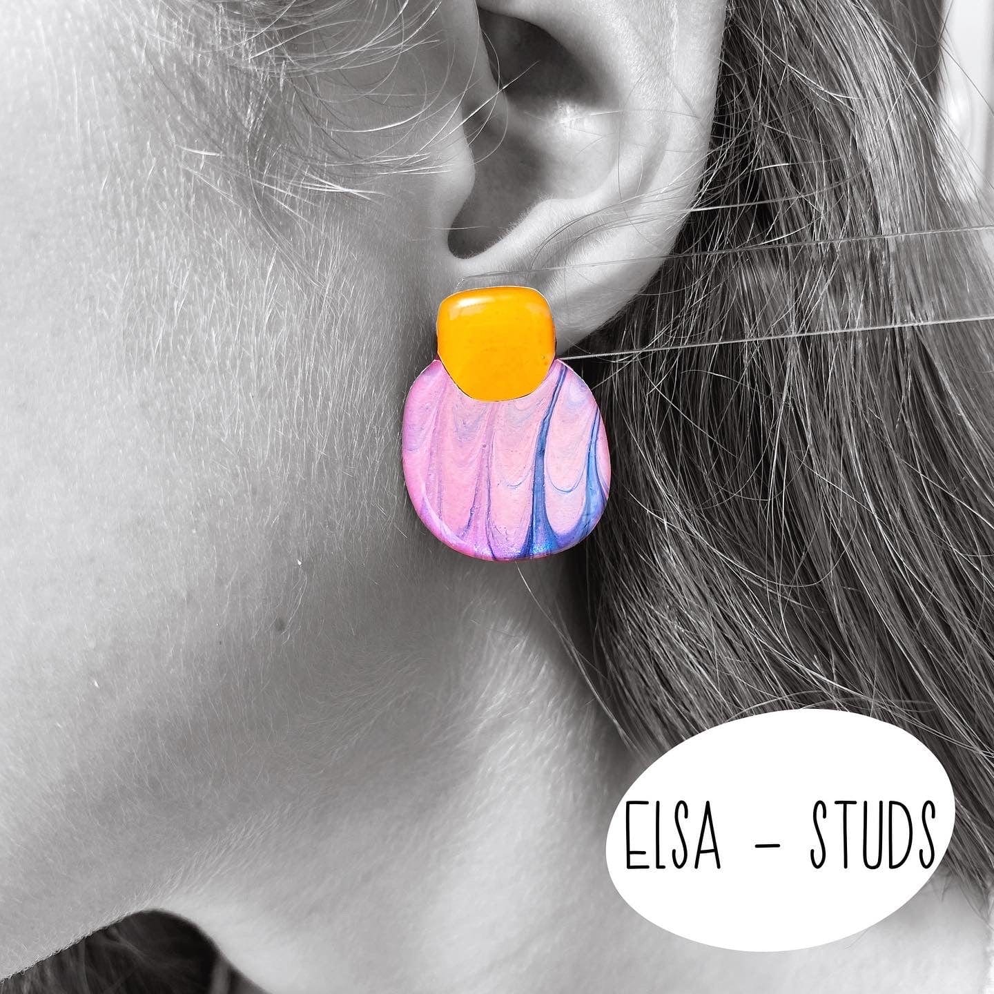 Lacroz Creations Earrings Elsa | Pink & Yellow Organic Square Stud Earrings.